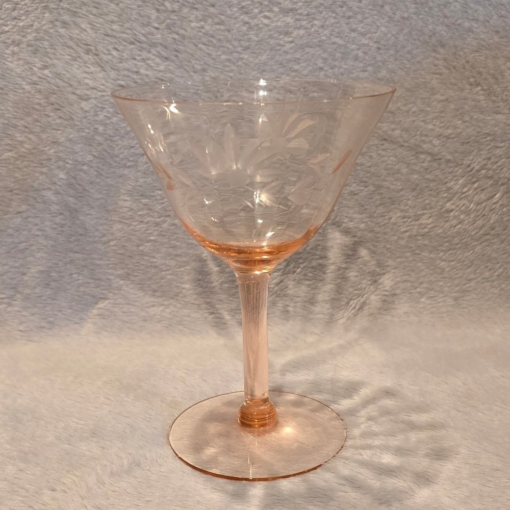 Vintage Pink Depression Glass Etched Floral Champagne Coupe Cocktail Stemware